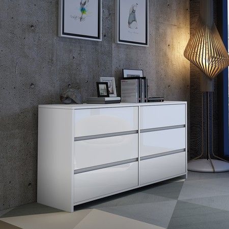 Modern 6 Drawer Chest Dresser High Gloss Storage Cabinet Wood Bedroom Furniture - White