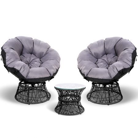 Gardeon Outdoor Lounge Setting Papasan Chairs Table Patio Furniture Wicker Black