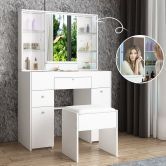 White Dressing Table Makeup Vanity Table Stool Set with Drawers and ...