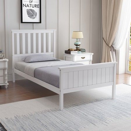 Single Size Wooden Bed Frame Pine Platform Mattress Base w/Headboard - White