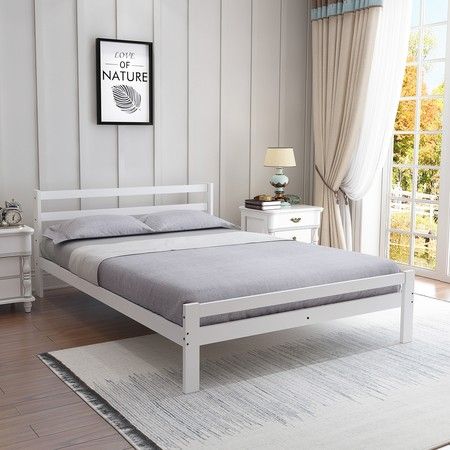 Bed Frame Queen Size Mattress Base Pine Wood Platform Bedroom Furniture White
