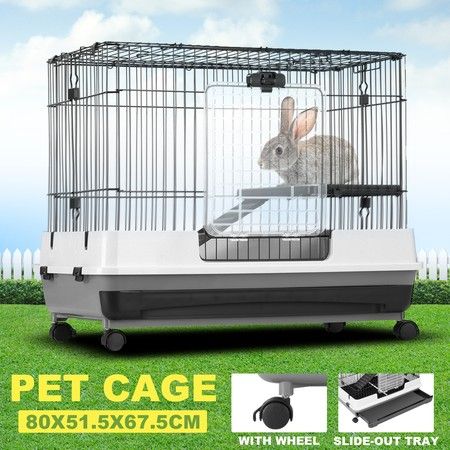 Rabbit Hutch Cat Cage Pet Ferret Bunny House Small Animal Crate Guinea Pig Indoor Outdoor Metal on Wheels