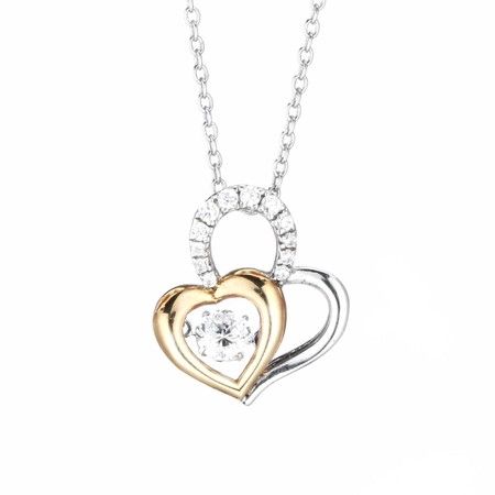 Two Tone Heart Necklace Pendant Dancing Stone Sterling Silver Chain