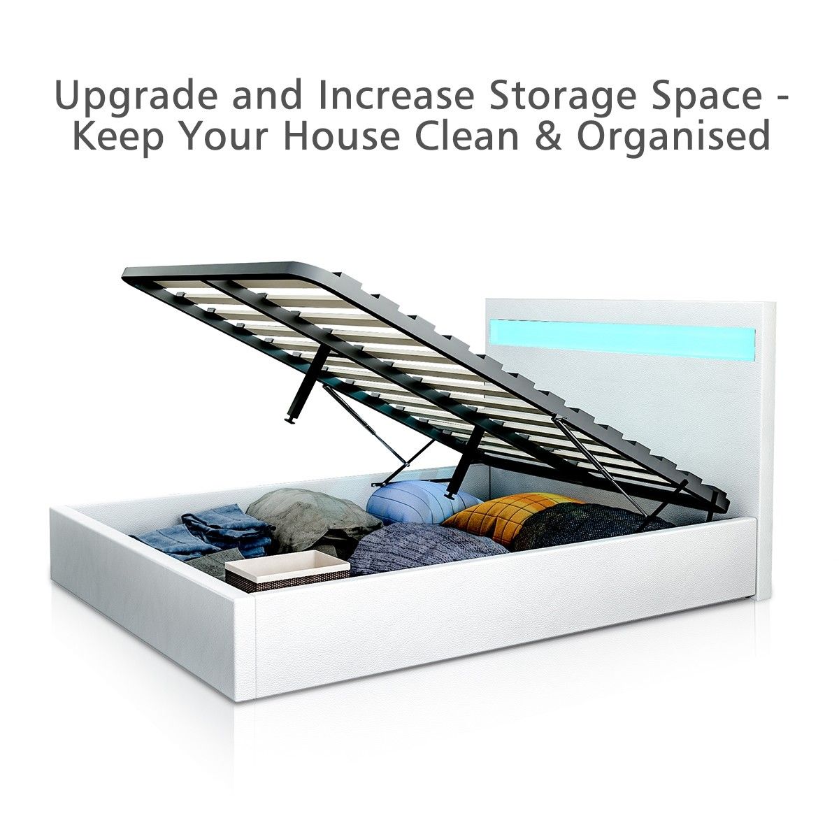 Double PU Leather Gas Lift Storage Bed Frame Wood Bedroom Furniture w/LED Light White Crazy