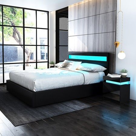 Queen Pu Leather Gas Lift Storage Bed, Leather And Wood Bed Frame