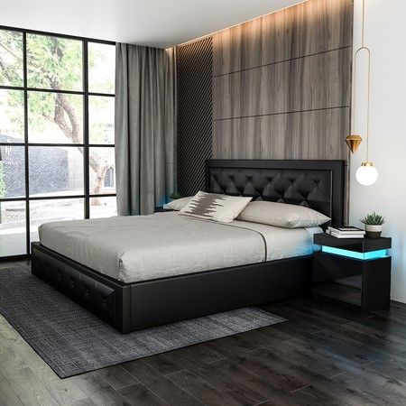 Modern Queen Size Wood Bed Frame Pu, Black Leather Queen Bed Frame