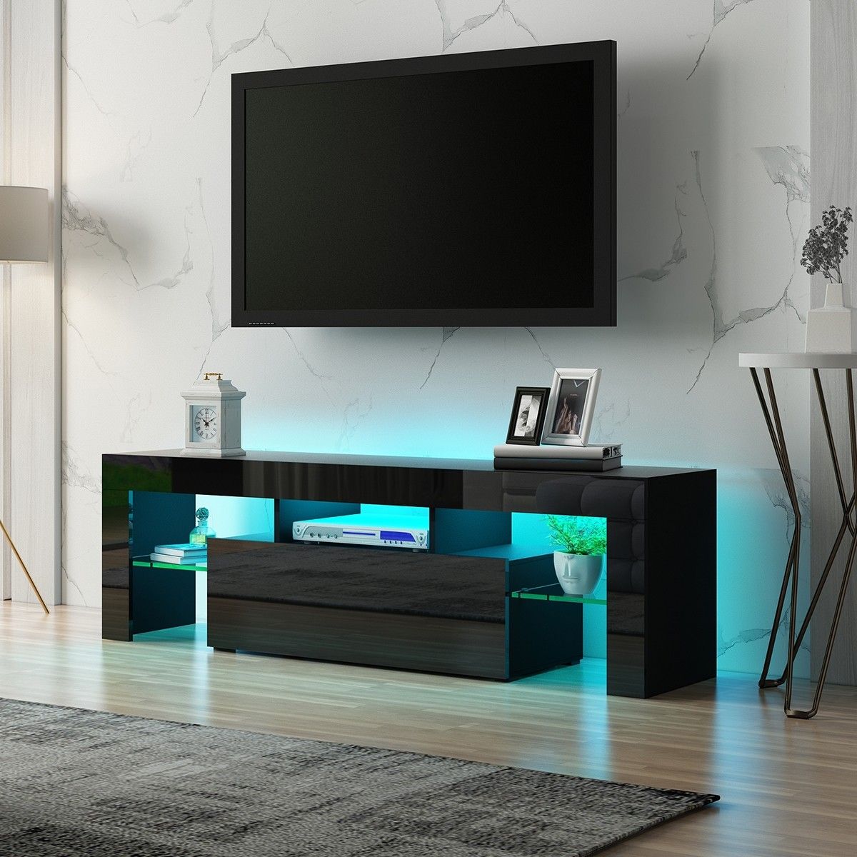 130cm TV Stand Cabinet LED Entertainment Unit Gloss Wood Storage Drawer ...