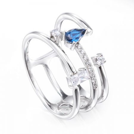 Asymmetry Three-row Ring with Sapphire Emerald Cut Stone Sterling Silver
