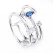 Asymmetry Three-row Ring with Sapphire Emerald Cut Stone Sterling Silver