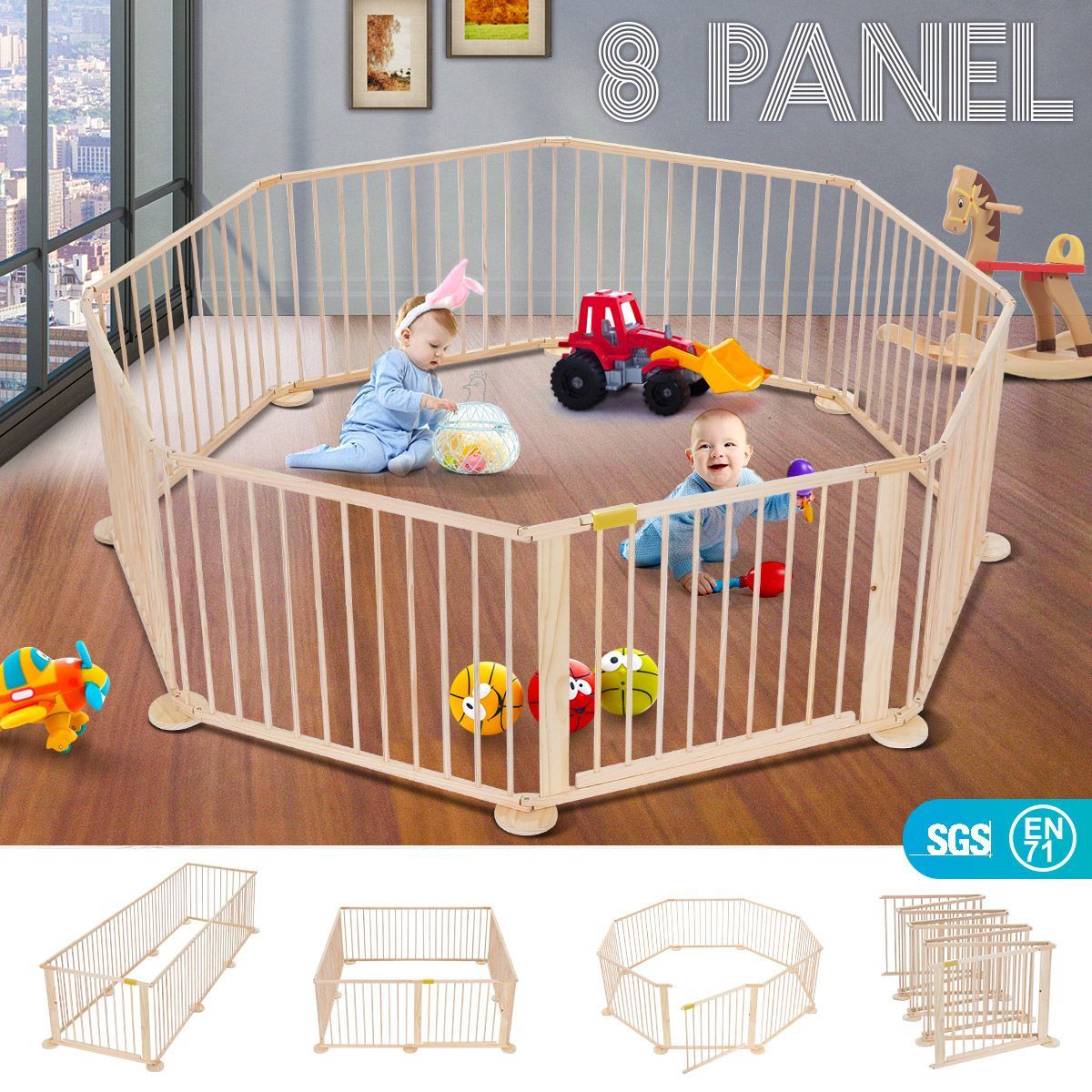 8 Panel Wooden Kids Playpen Foldable Removable - Burlywood