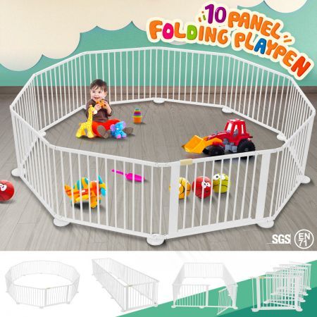 10 Panel Wooden Playpen Kids Baby Toddler Fence Play Yard-White