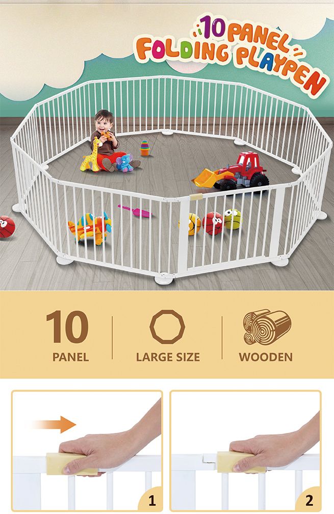 10 Panel Wooden Playpen Kids Baby Toddler Fence Play Yard White Crazy