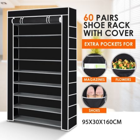 9 Tiers Tall Shoe Rack Shelf Stand Storage Solution W Fabric Cover Black Crazy Sales