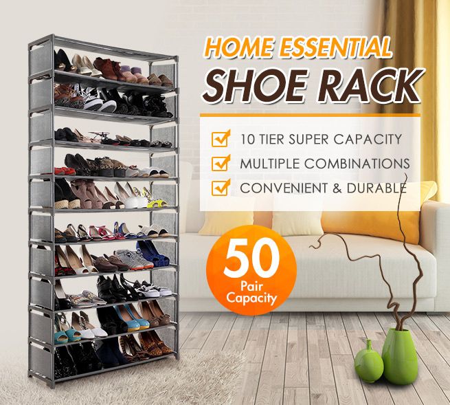 10 Tiers Shoe Rack Cabinet Storage Organizer 50 Pairs Shoe Holder