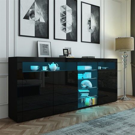 180cm Black Buffet Sideboard Modern 3 Doors Cabinet Storage Cupboard Gloss Front Table W Rgb Led Crazy Sales