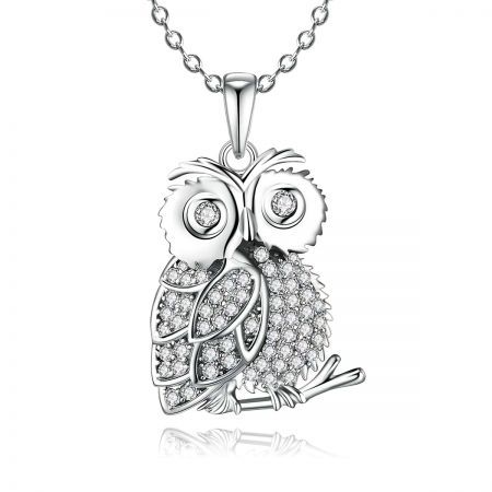 S925 Sterling Silver Owl Pendant Necklace Studded w/ Crystals