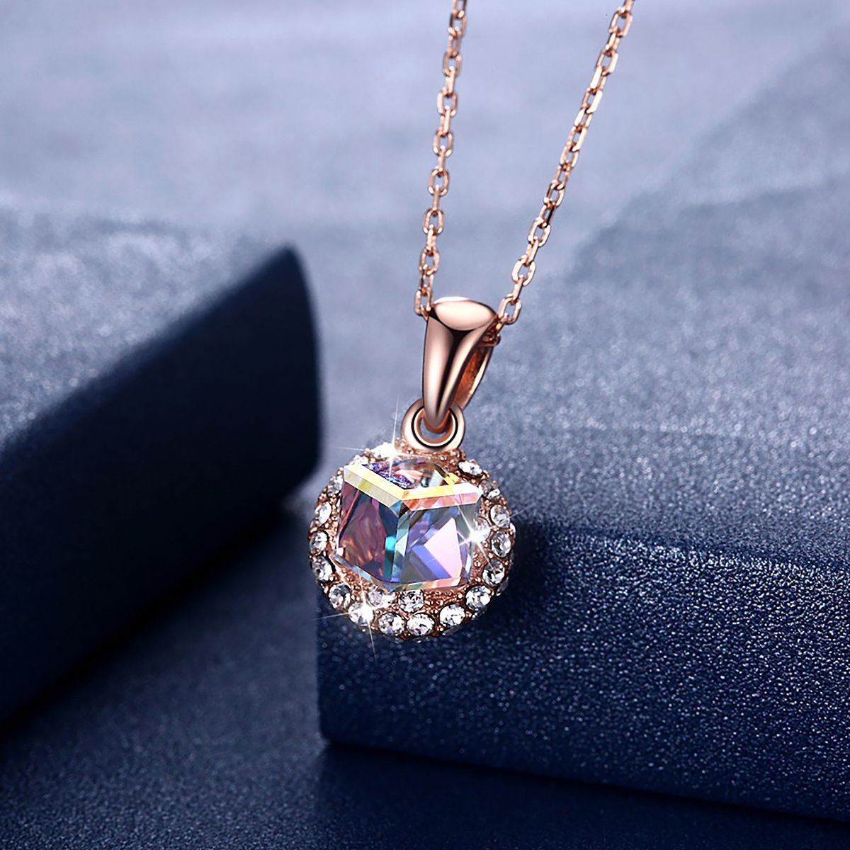 Square Crystal Stone Crystal-encrusted Base Sterling Silver-Pink Champagne