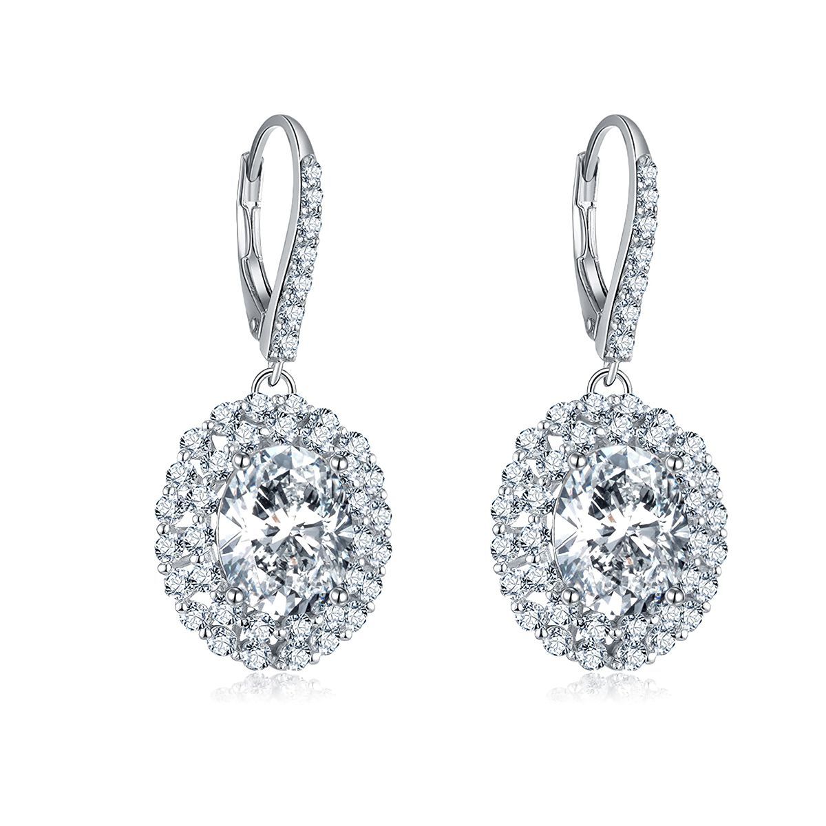 Sterling Silver Drop Earrings with Double Halo Oval Shaped Zulastone