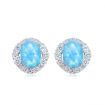 Vintage Round Blue Opal Stone Solitaire Halo Stud Earrings 925 Sterling Silver