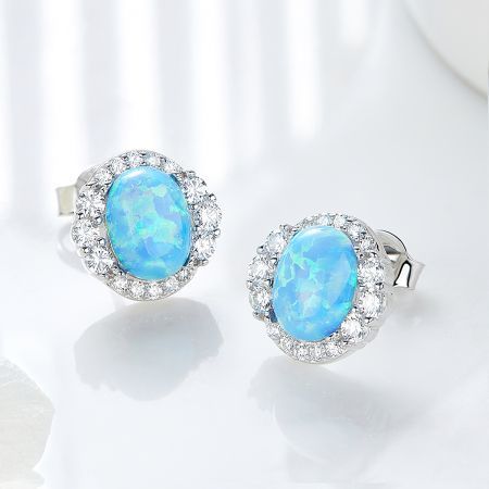 Vintage Round Blue Opal Stone Solitaire Halo Stud Earrings 925 Sterling Silver