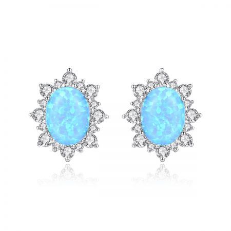 Flower Shape Blue Opal Stone Solitaire Halo Stud Earrings Woman Girl Fashion Jewelry