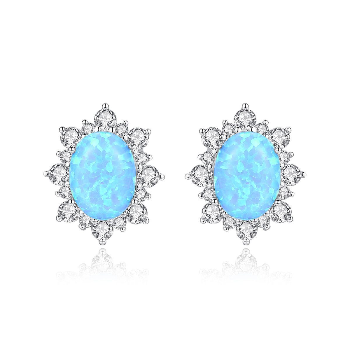 Flower Shape Blue Opal Stone Solitaire Halo Stud Earrings Woman Girl Fashion Jewelry