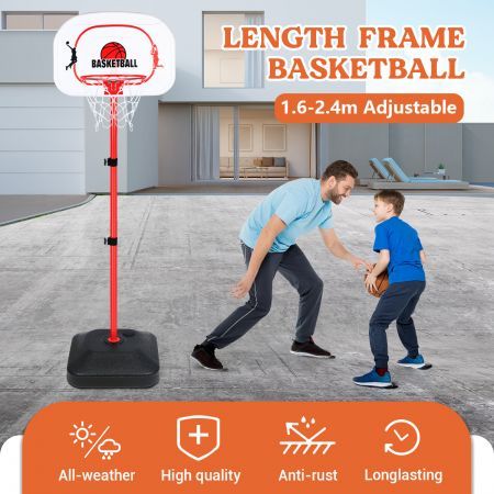 1.6m-2.4m Large Kids Portable Basketball Hoop Stand System Set Adjustable Height Net Ring Ball