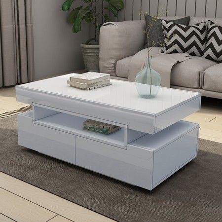 Modern White Coffee Table 4-Drawer Storage Shelf High Gloss Wood Living Room Furniture