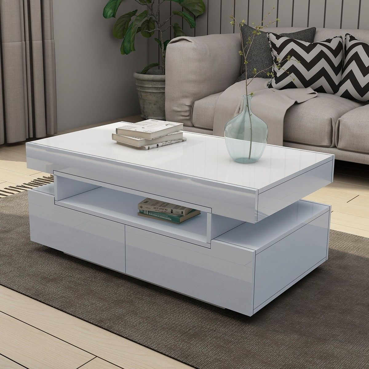 New Modern White Coffee Table 4Drawer Storage Shelf High Gloss Wood