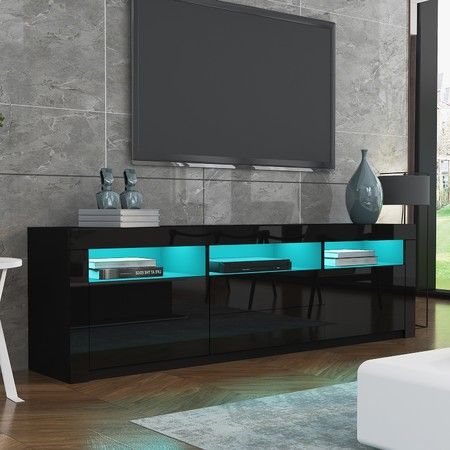 180cm Modern Wooden TV Unit Side Cabinet RGB LED High Gloss Front-Black