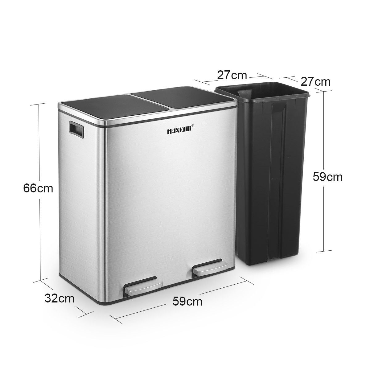 60L Dual Compartment Dustbin Stainless Steel Kitchen Garbage Rubbish ...