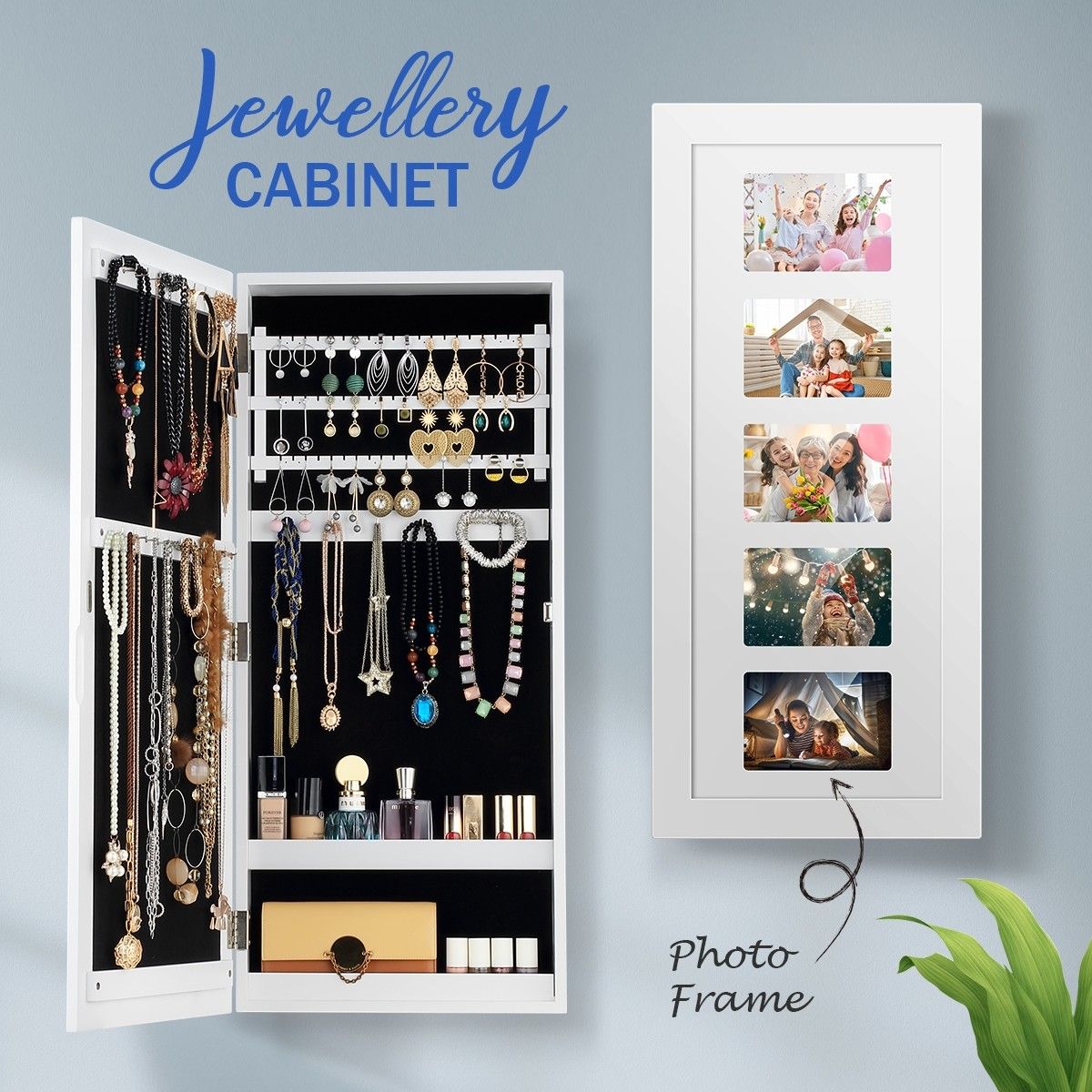 Wall Hanging Jewellery Cabinet Organizer w/ Photo Frames-White