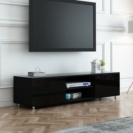 TV Stand 160cm Lowline Entertainment Cabinet High Gloss Front Wood Unit Black