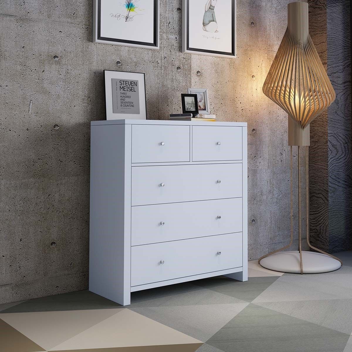 Modern White Tallboy Chest of Drawers Dresser w/3 Large & 2 Half Storage Drawers