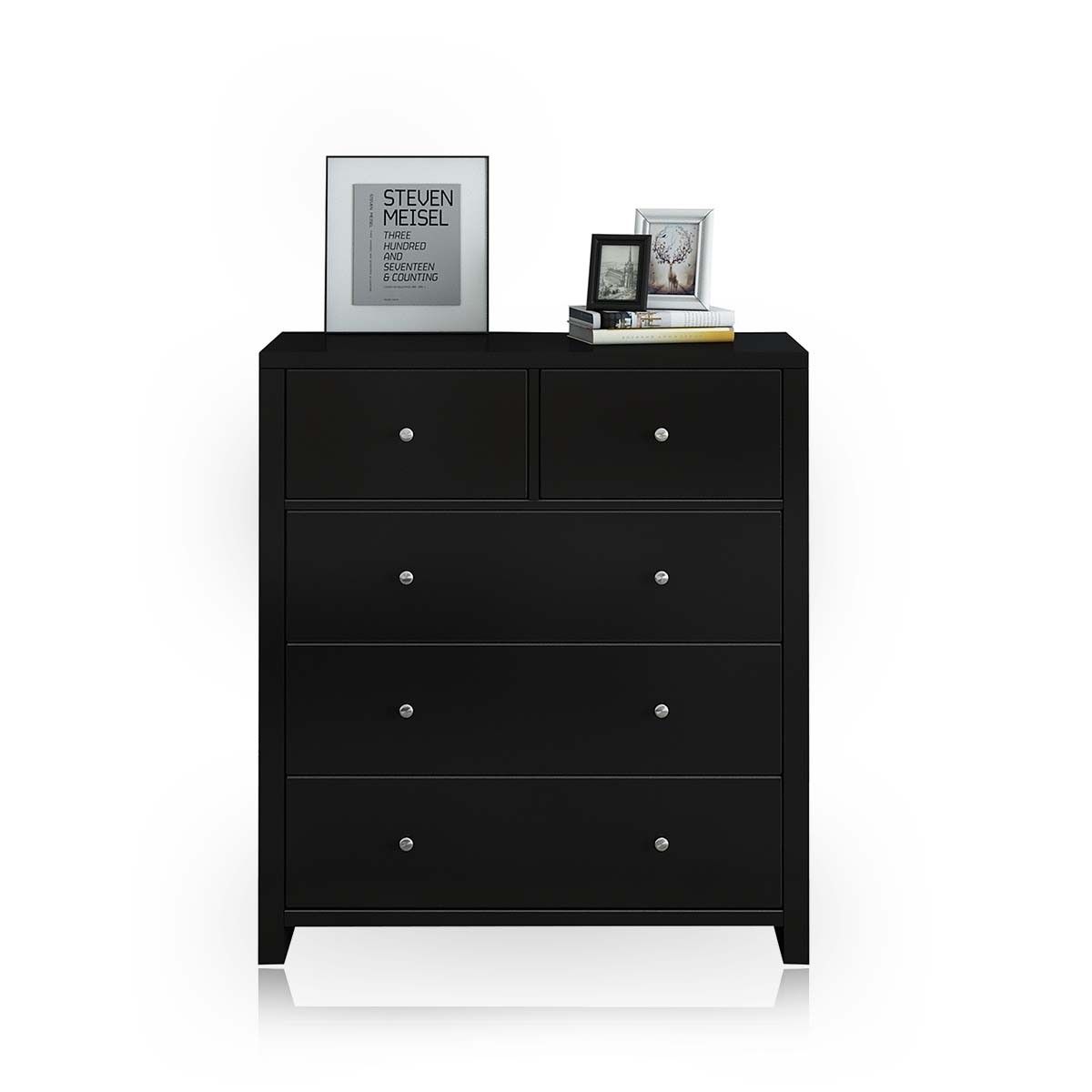 Modern Black Tallboy Chest of Drawers Dresser w/3 Large & 2 Half