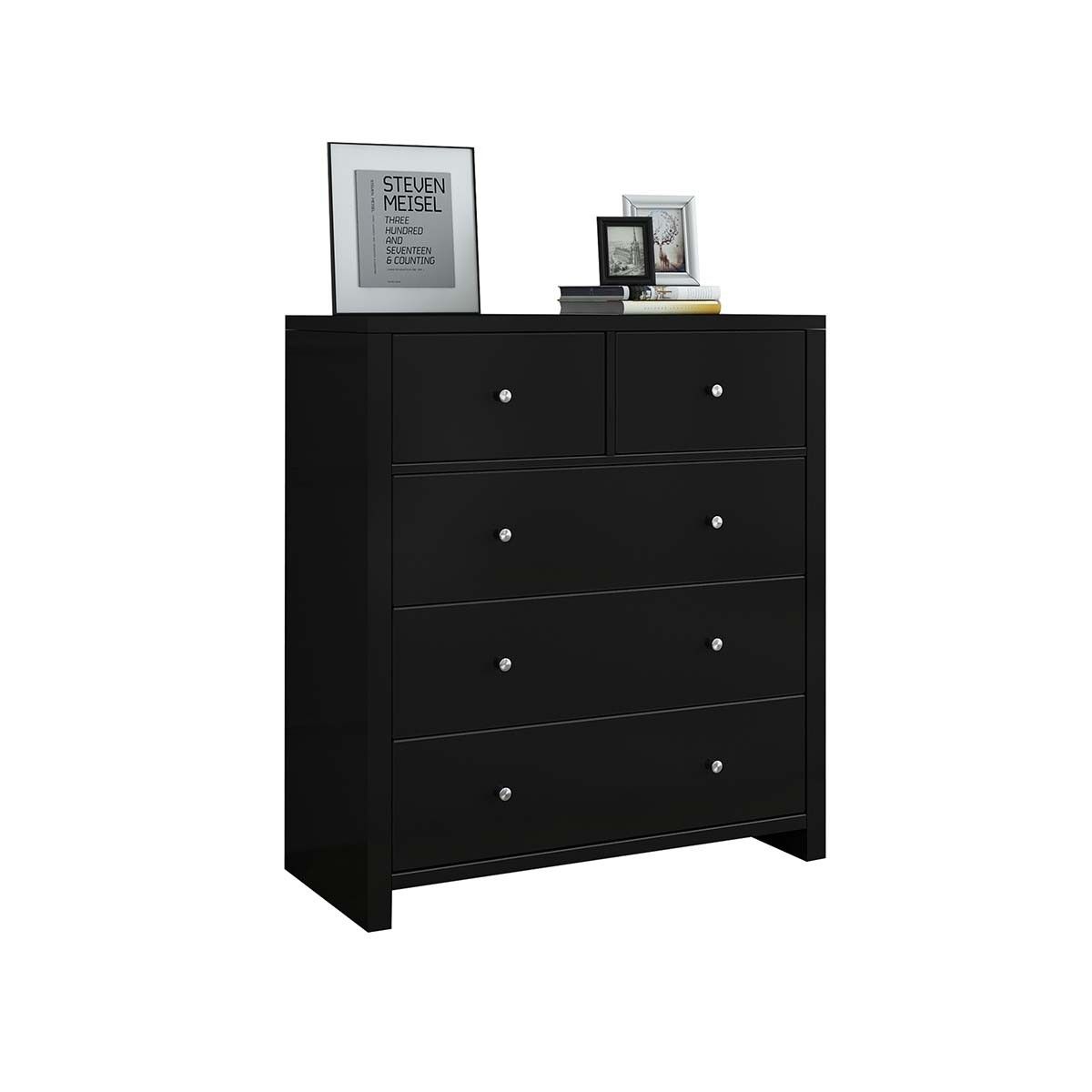 Modern Black Tallboy Chest of Drawers Dresser w/3 Large & 2 Half