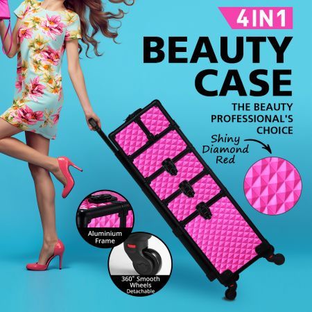 4in1 Professional Cosmetics Beauty Case Makeup Box Trolley Organiser Shiny Rose Red