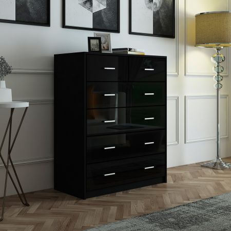 6 Chest of Drawers Tallboy Dresser Table High Gloss Storage Cabinet Bedroom Furniture - Black