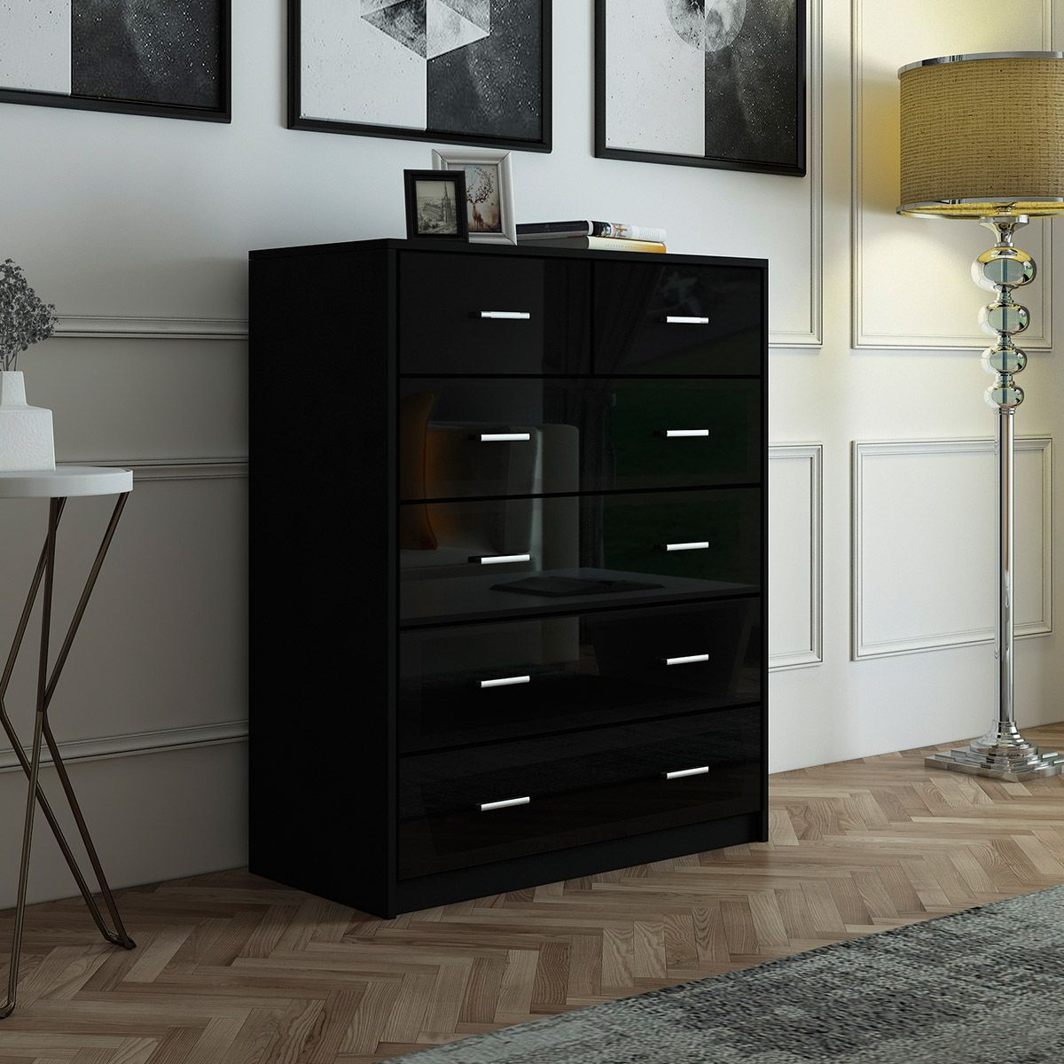 6 Chest of Drawers Tallboy Dresser Table High Gloss Storage Cabinet Bedroom Furniture - Black