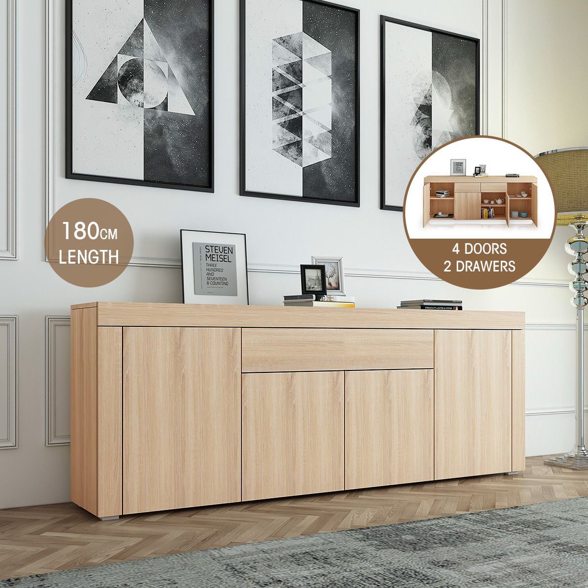 180cm Corner Cabinet Sideboard 4 Doors 1 Drawer-Oak