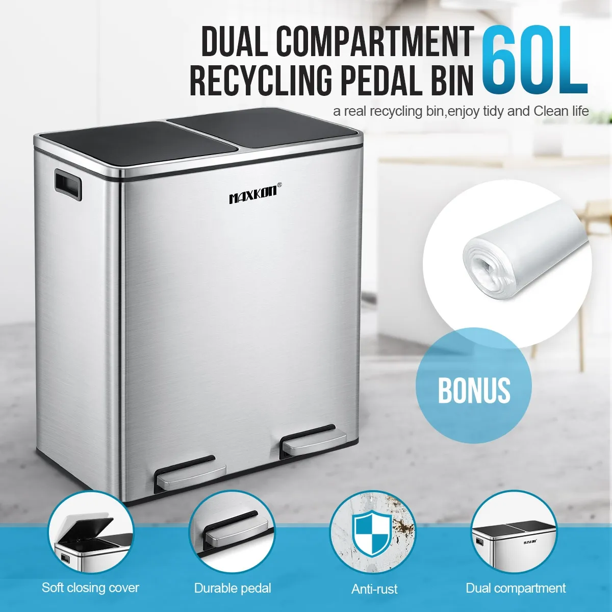 Rubbish Bin 60L Rubbish Bin – Dual Compartment Pedal Recycling Trash Can, Stainless Steel