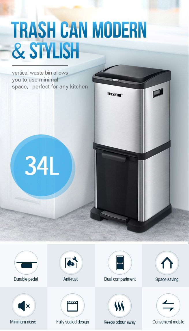 34L Two Layer Press Top Dustbin Kitchen Waste Pedal Bin Garbage Trash