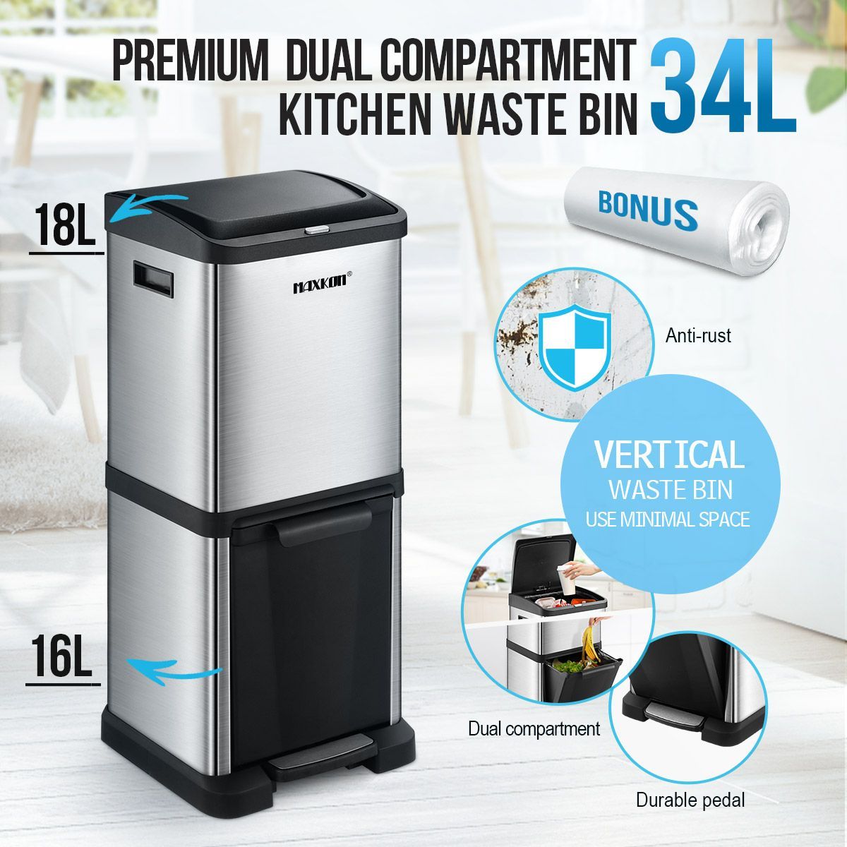 34L Two Layer Press Top Dustbin Kitchen Waste Pedal Bin Garbage Trash Can