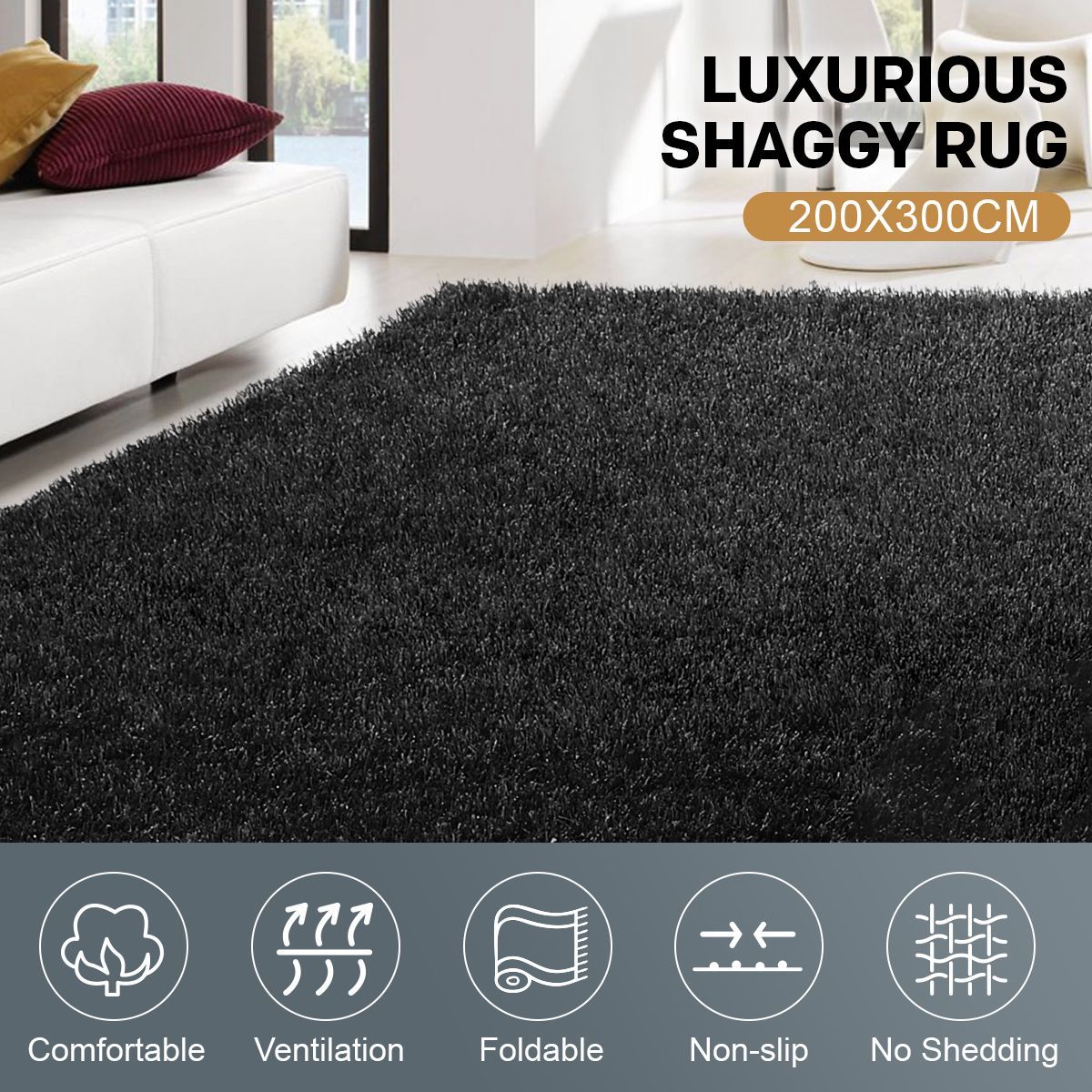 200x300cm Fluffy Shaggy Rug Large Shag Area Soft Dark Grey Carpet Home Bedroom Anti-Slip Floor Mat