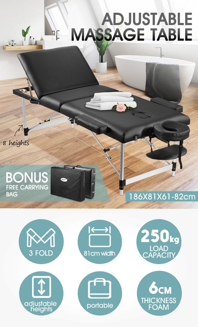 80cm Aluminium Massage Table Bed Therapy EquipmentBlack Crazy Sales