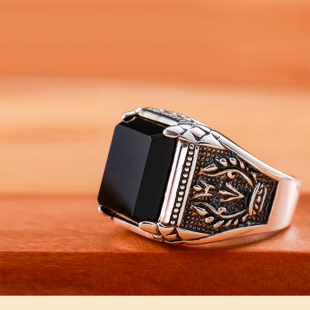 Black Gemstone Embedded 925 Silver Promising Engagement Wedding Ring Vintage Gothic Style