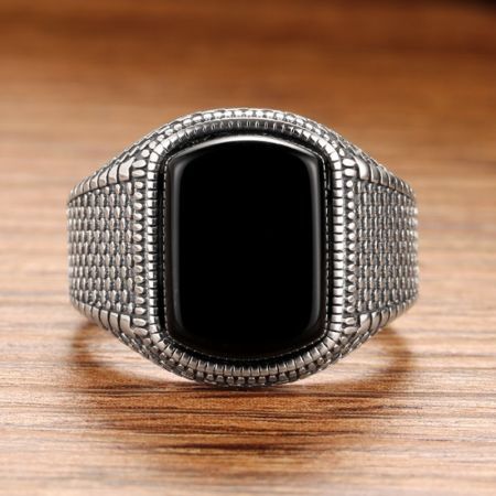 Black Gemstone 925 Sterling Silver Ring Adjustable Size Vintage Promising Engagement Wedding