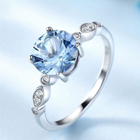 Round Sapphire Gemstone Promising Engagement Wedding Ring in 925 Sterling Silver with Side Gems