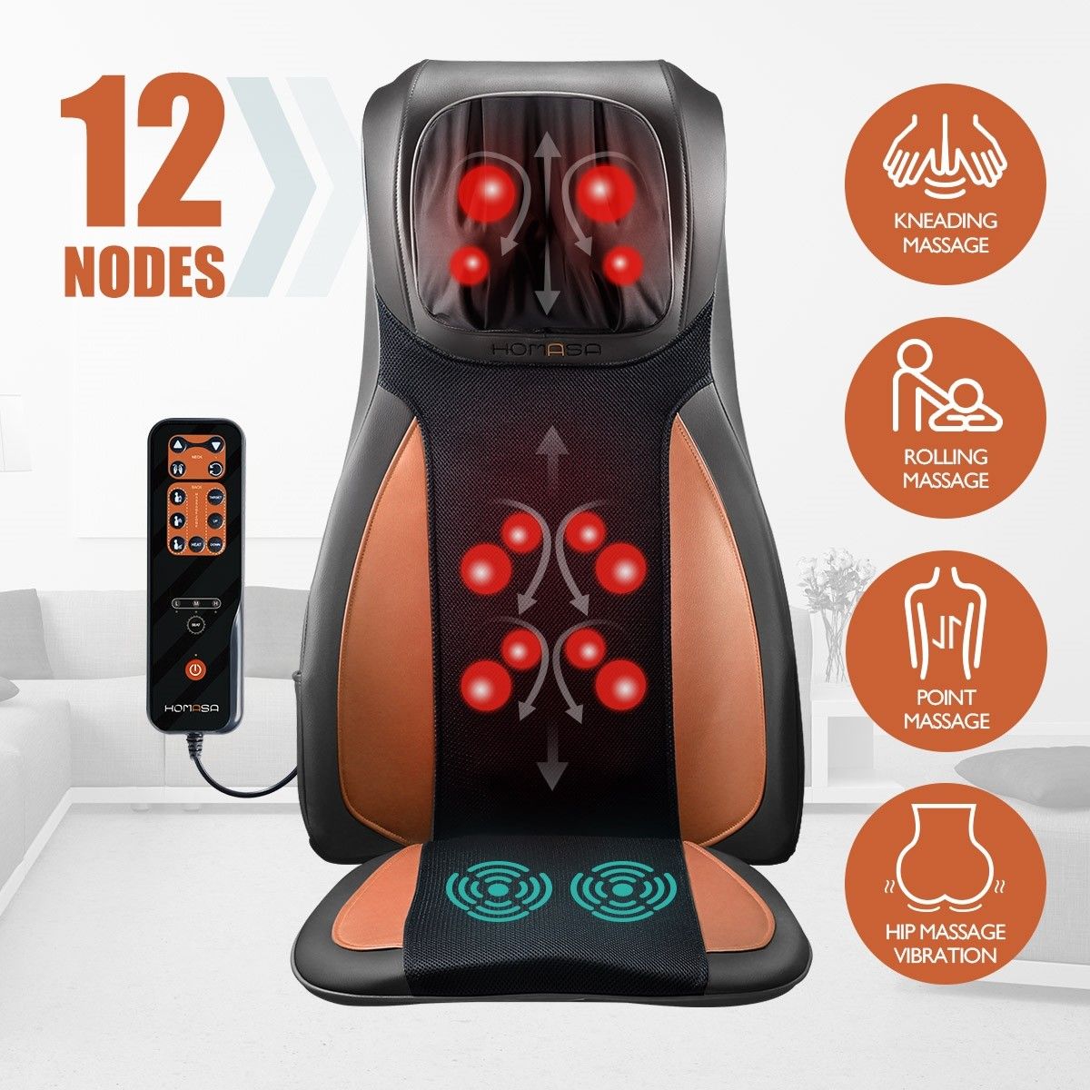 Full Body Neck Back Massager Shiatsu Massage Chair Car Seat Cushion-Orange