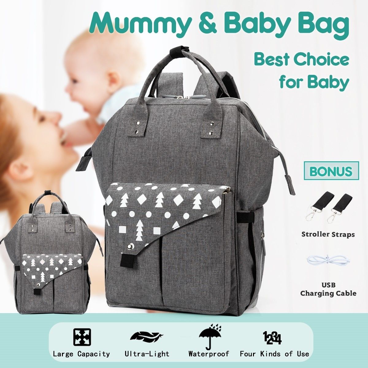 Waterproof Grey Baby Changing Bags Nappy Diaper Backpack